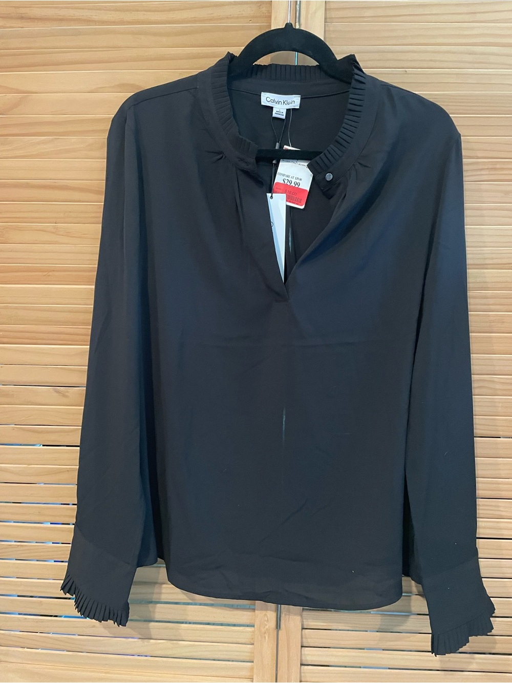 Calvin Klein Black Long-Sleeve Pleated-Trim Blouse